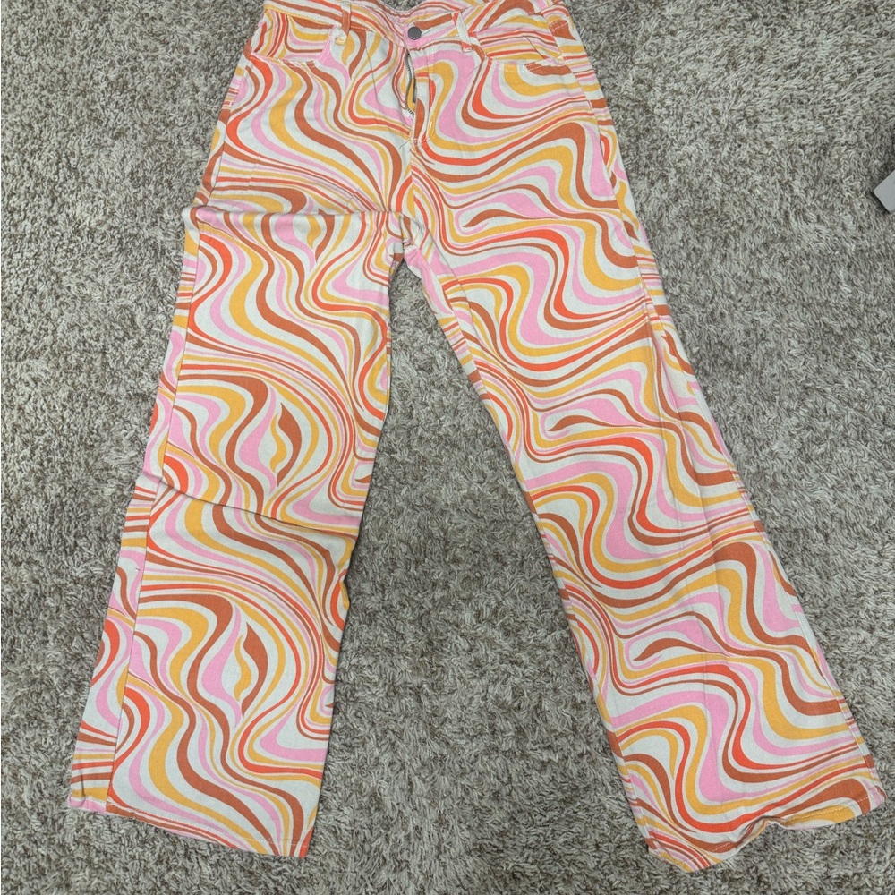 High Rise Swirl Pattern Jeans - Pink, Orange, Yellow